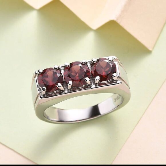 Mozambique Garnet 3.25 ctw 3 Stone Men's Ring in Stainless Steel - Picture 1 of 13